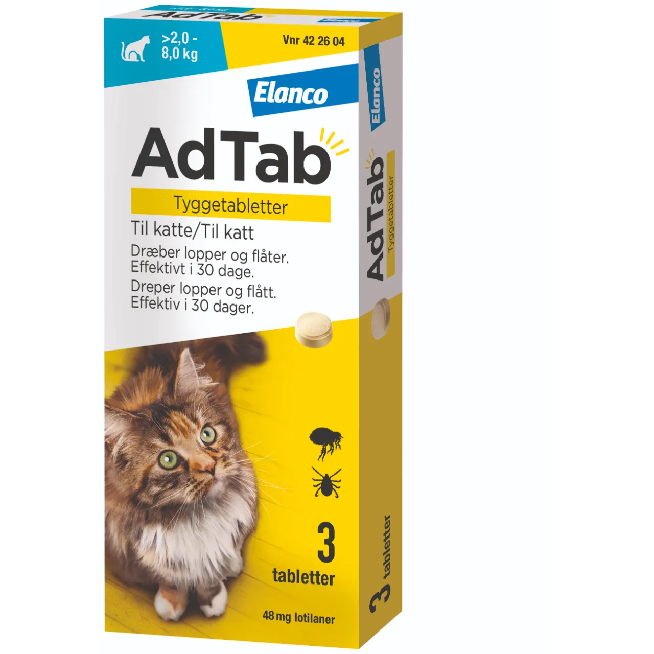 AdTab til katte 2,0-8,0 kg 48 mg - loppe- og flåtmiddel i tabletform
